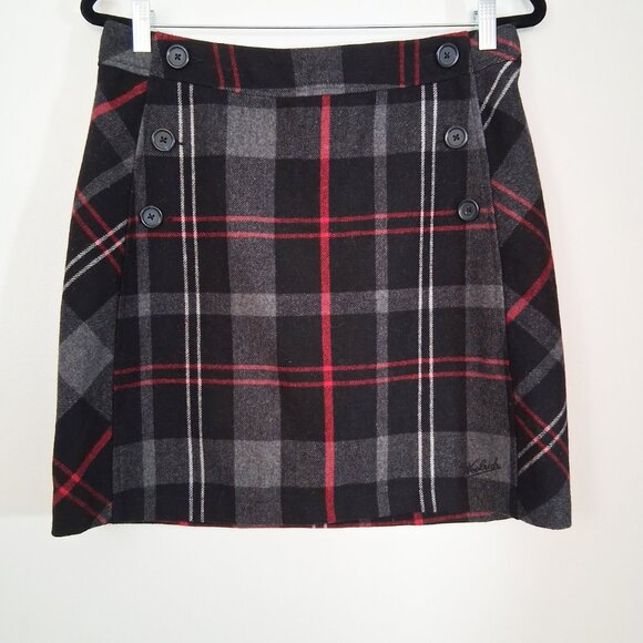 WOOLRICH Plaid Mini Skirt Black Red Wool Blend Preppy Tartan Academia Cabincore - Picture 1 of 5